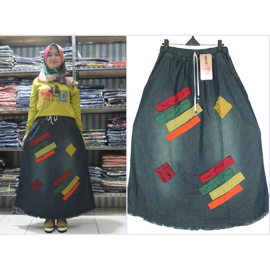 Rok Jeans Panjang Rawis Rumbai Motif 1 Tambal Bawahan Wanita Muslimah Pinggang Karet