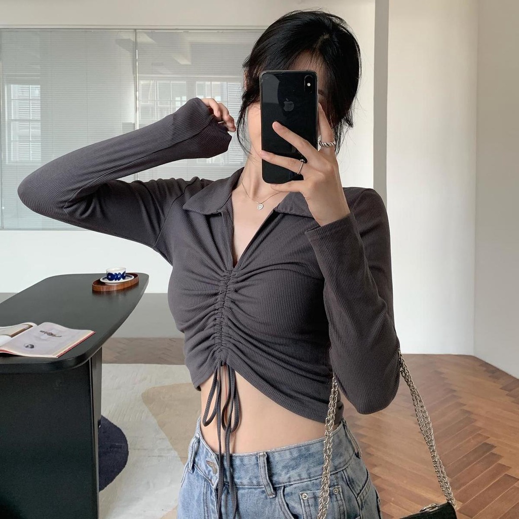 impor crop top pendek pinggang tinggi bottoming prancis v-neck serut sweater rajutan lengan panjang