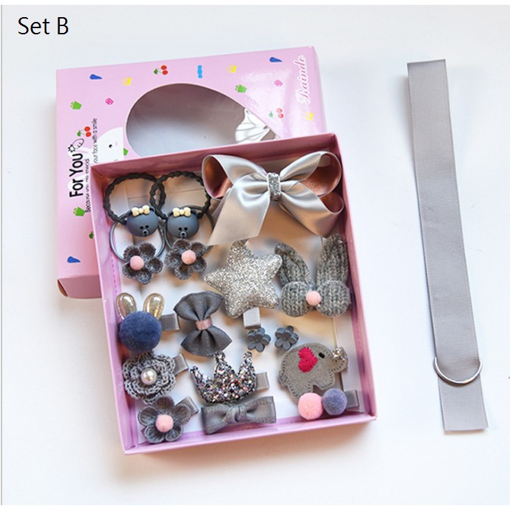 (1 set 18 pcs) Satu set aksesories rambut anak /  satu set jepit dan ikat rambut anak