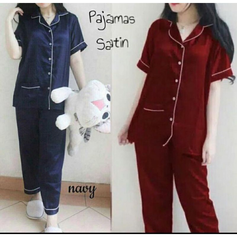 PIYAMA SATIN POLOS SILK VELVET CP/ CELANA PANJANG LENGAN PENDEK
