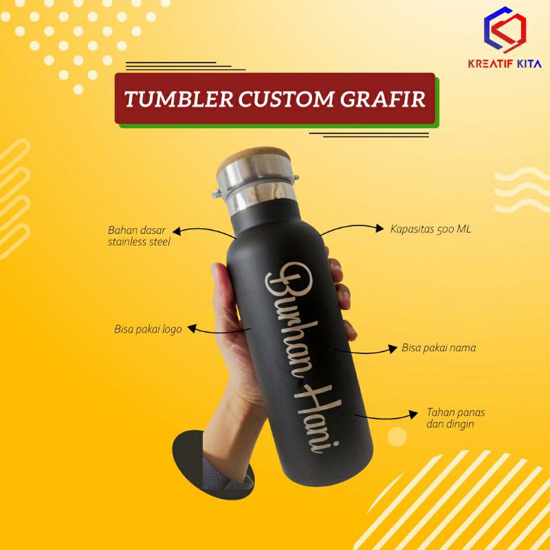 Tumbler Tutup Bambu Custom FREE Sedotan Stainless Nama