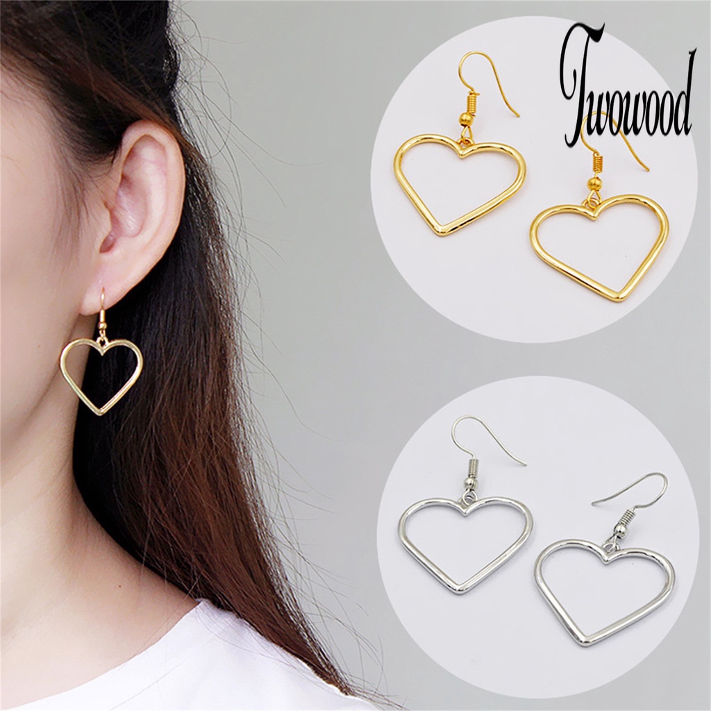 1 Pasang Anting Hook Bentuk Hati Model Hollow Untuk Wanita