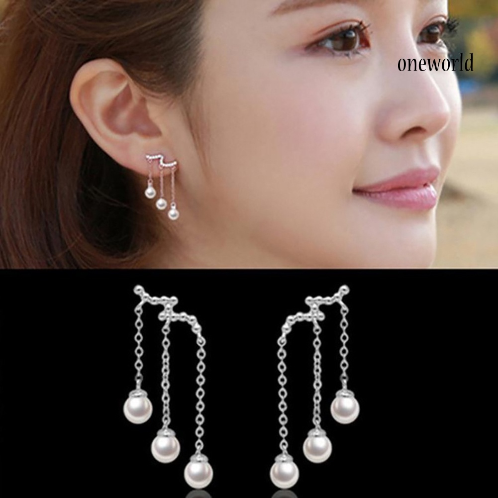 OW@ Elegant Party Women Triple Tassel Faux Pearl Long Dangle Stud Earrings Jewelry