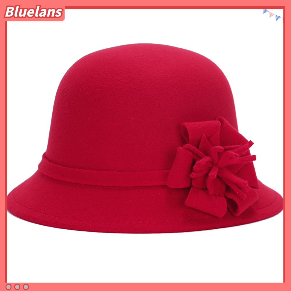 Bluelans Topi Bowler Bahan Wol Imitasi Warna Polos Aksen Bunga Gaya Vintage Untuk Wanita