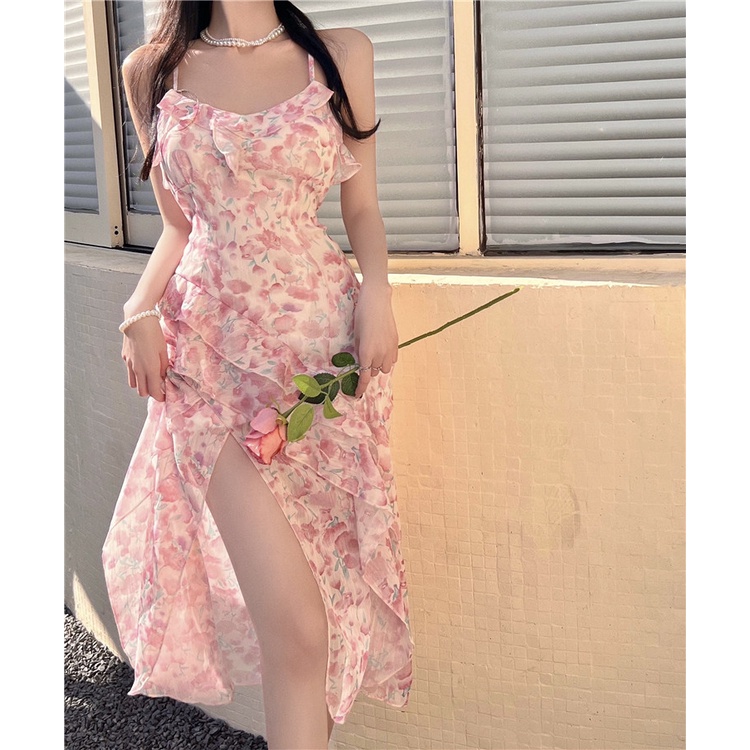 Mini Dress Lembut Floral Sling Dress Wanita Musim Panas Manis Kerut-kerut Belahan Belakang Terbuka S