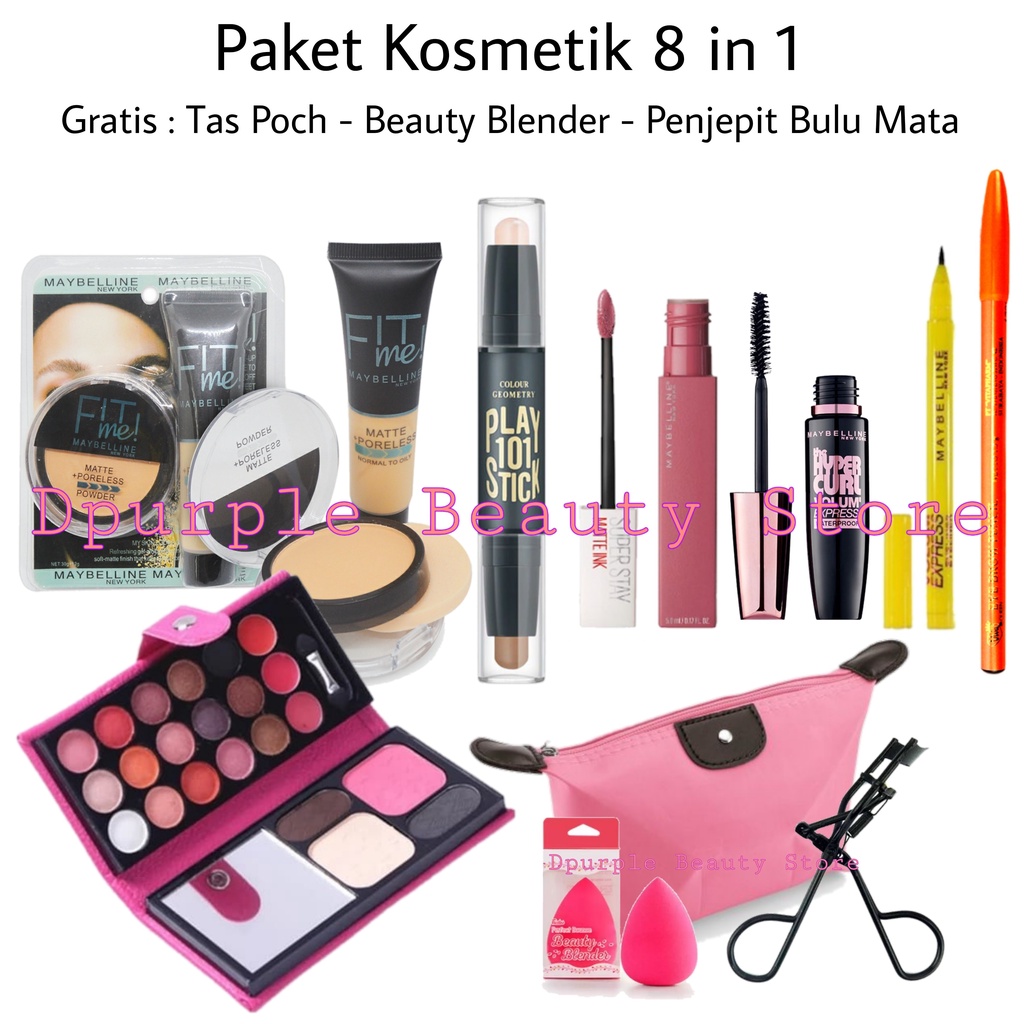 Paket Kosmetik Maybelline Super Lengkap Hemat 8 in 1 - Paket Kecantikan Super Lengkap 8 in 1 - Fondation - Bedak - Contour - Eyeshadow - Maskara - Lipcream - Eyeliner - Pensil Alis - Tas pouch -  Beauty  Blender - Penjepit Bulu Mata