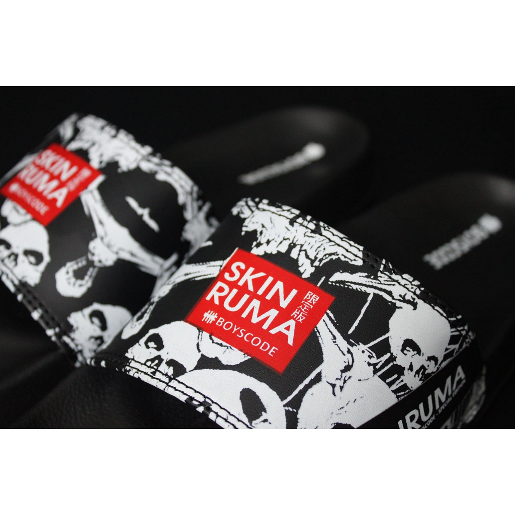 Sendal Selop Pria Wanita Distro Boyscode X Skinruma Black Skull / Sendal Slip On Pria / Sendal Slide Pria / Sendal Slop Pria