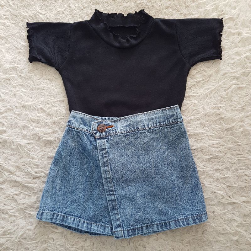 Baju Rok Jeans Anak setelan kaos rib skort jeans