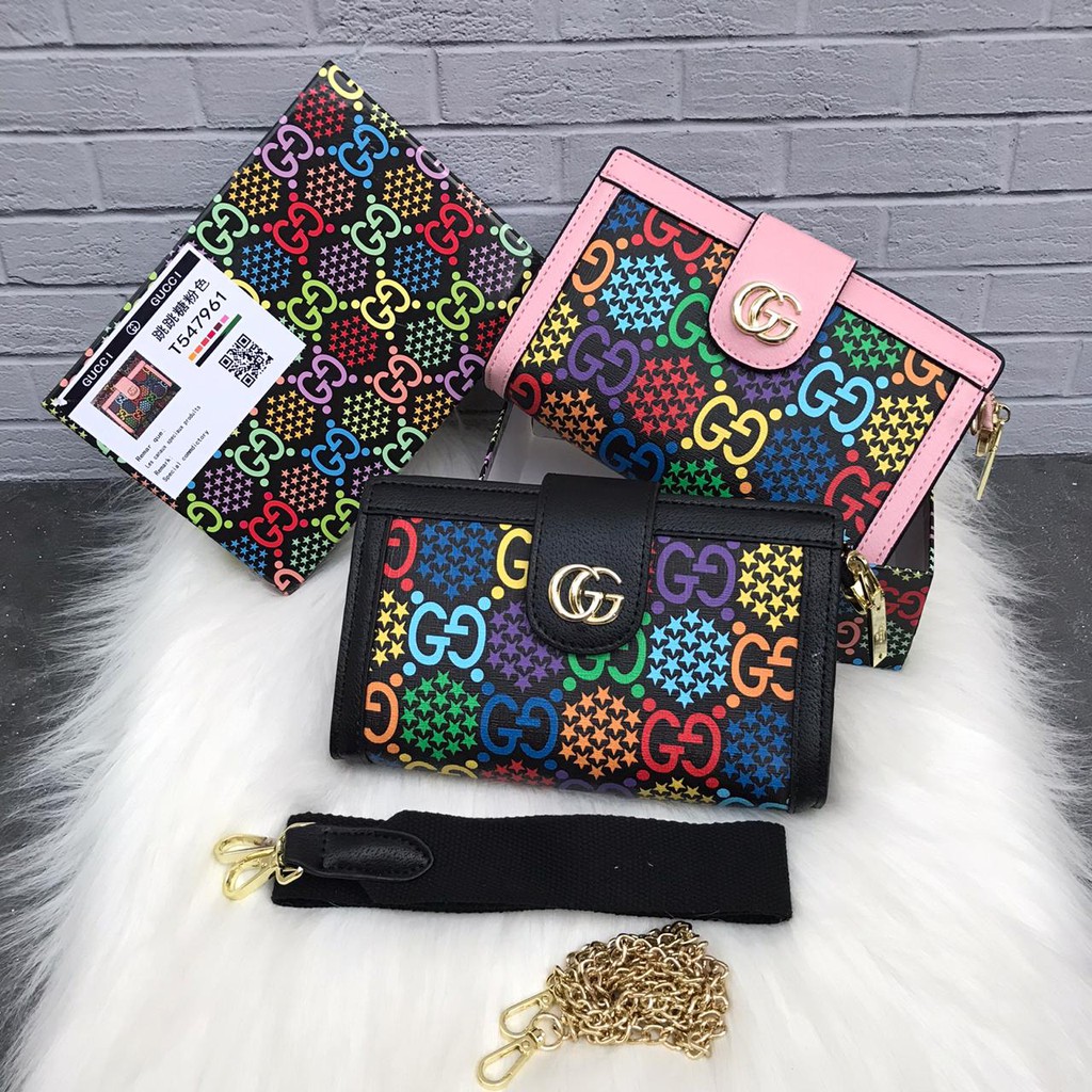 READY TAS FASHION RAINBOW MESSENGER GET 2STRAP  FREE BOX GUCCI RAINBOW