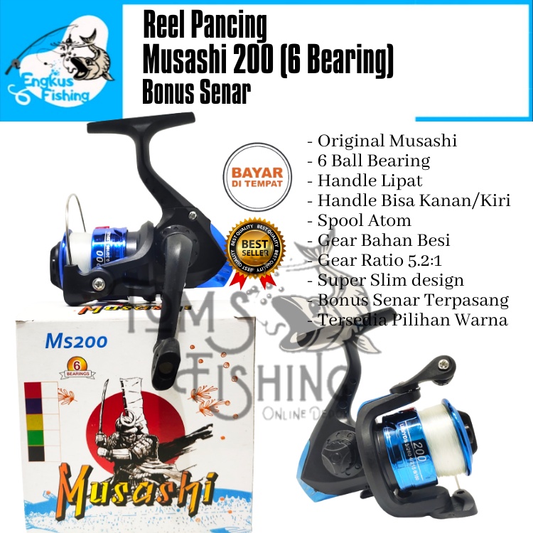 Reel Pancing Musashi MS200 Mini ( 6 Bearing ) Bonus Senar Murah - Engkus Fishing