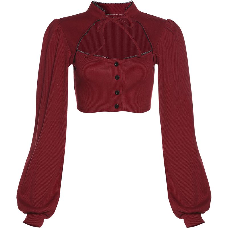 #Sisjuly# Wanita Perancis Retro Lengan Puff Sweater Rajut Desain Hollow Slim Fit Slim Top Wanita Len