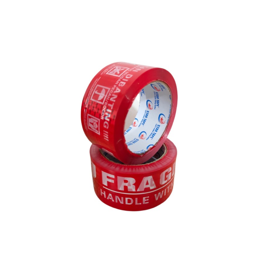 LAKBAN FRAGILE MERAH MERK STAR TAPE 2 INCH 48MM × 90 YARD TEBAL