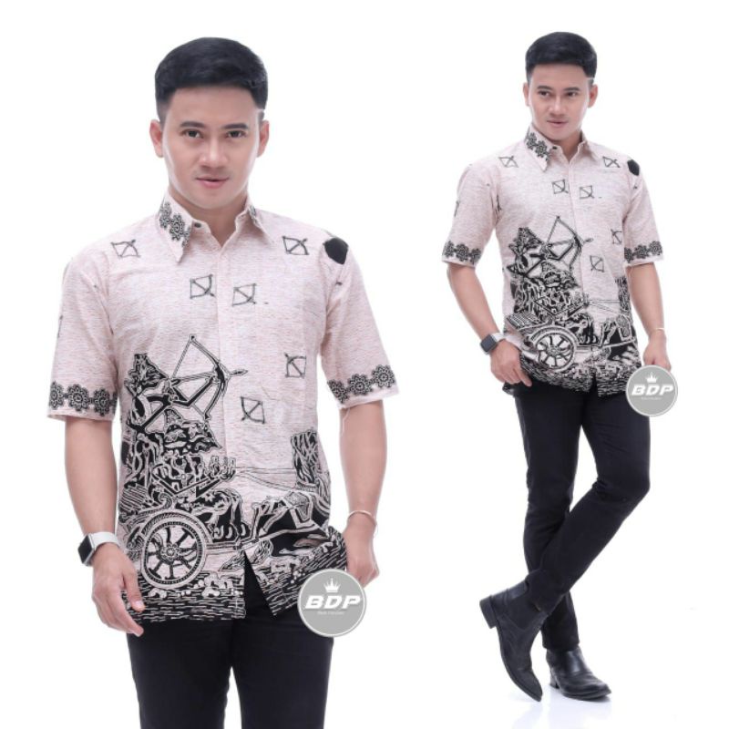 BSWART Batik HRB026 Kenongo Hem Pendek Padi Pekalongan M L XL Batik Pria MURAH Modern Grosir