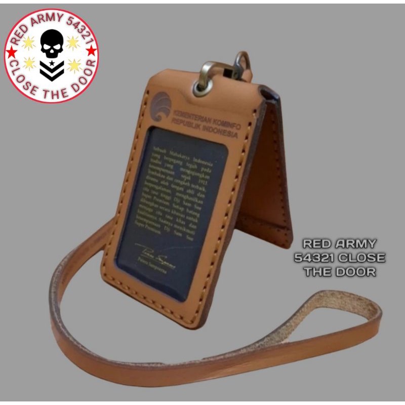 

Holder ID Card Kulit Asli - Tali Lanyard Nametag KOMINFO Model Lipat