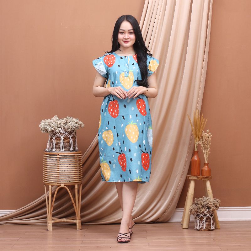Daster Batik Lengan pendek - Motif Acak / Campur - Leher Kancing /Batik karakter busui-Strowberry biru