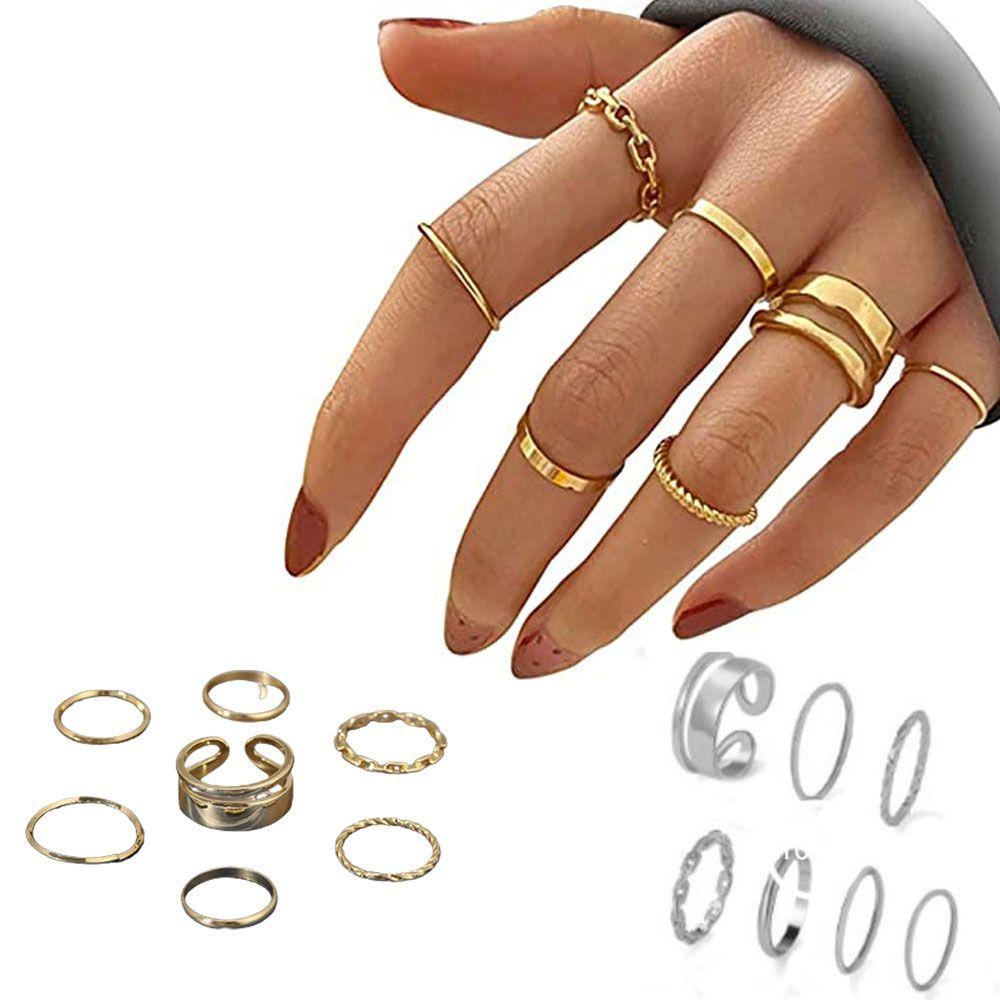 R-flower 7pcs/set Cincin Buku Jari Wanita Fashion Hadiah Pernikahan Emas Dan Perak