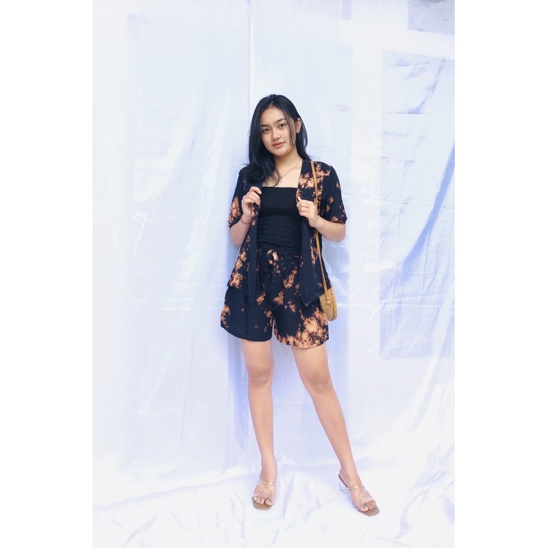 set / setelan cardigan tie dye lengan pendek celana pendek + kemben kain rayon premium lilac