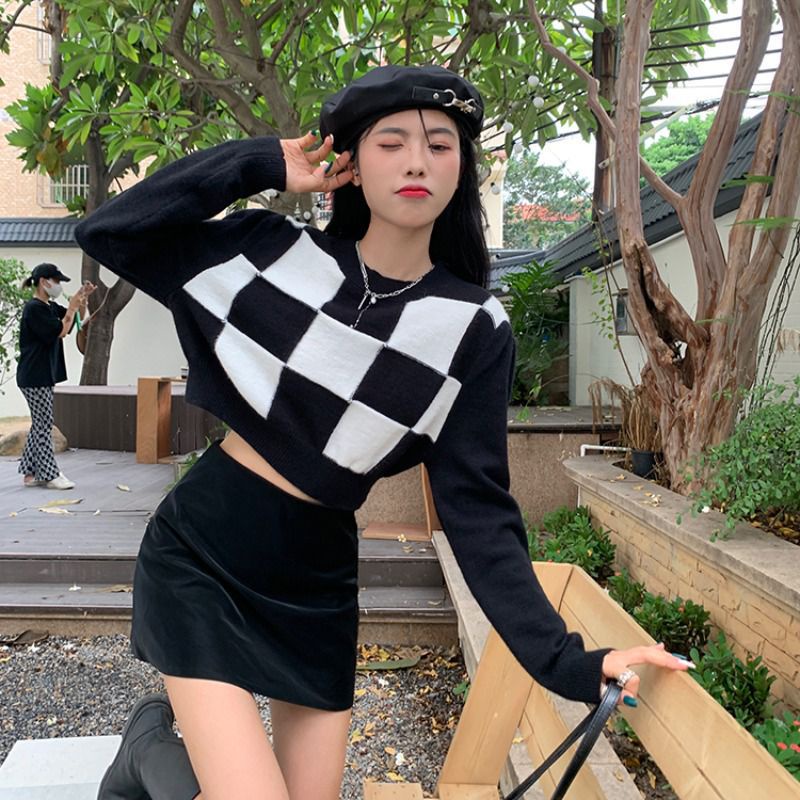 yikoo-Croptop rajut lengan panjang wanita korea sweater atasan