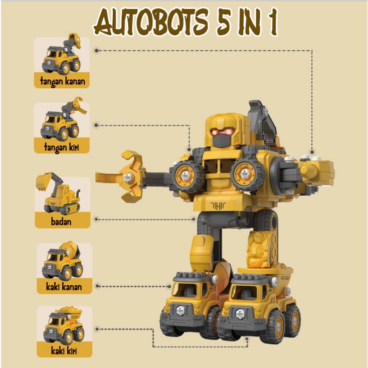 DIY Autobots 5in1 5 mobil konstruksi mainan anak impor robot