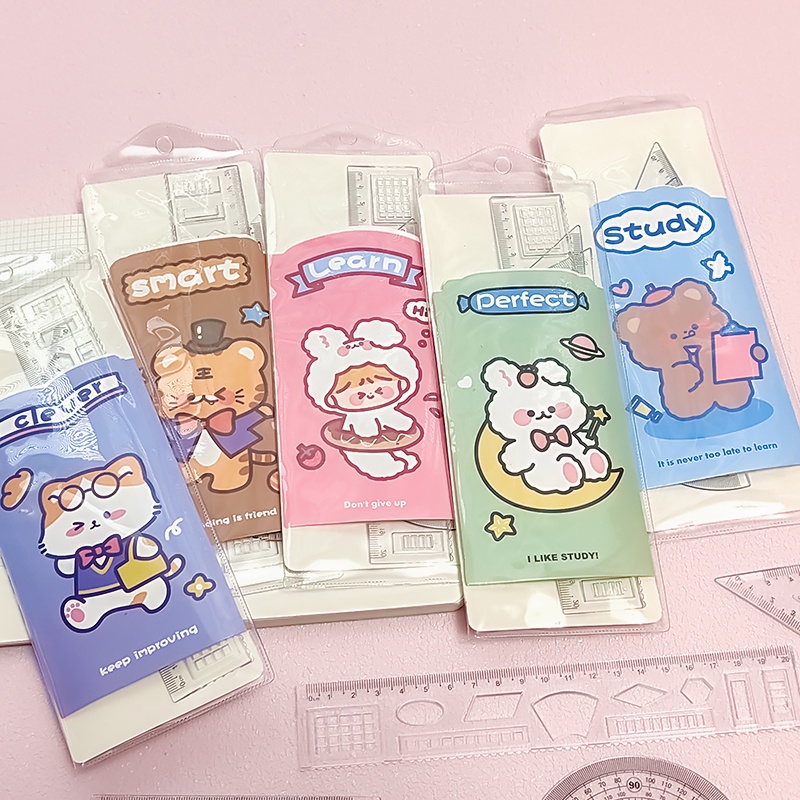 4pcs / Set Penggaris Plastik Transparan Motif Kartun Untuk Pelajar