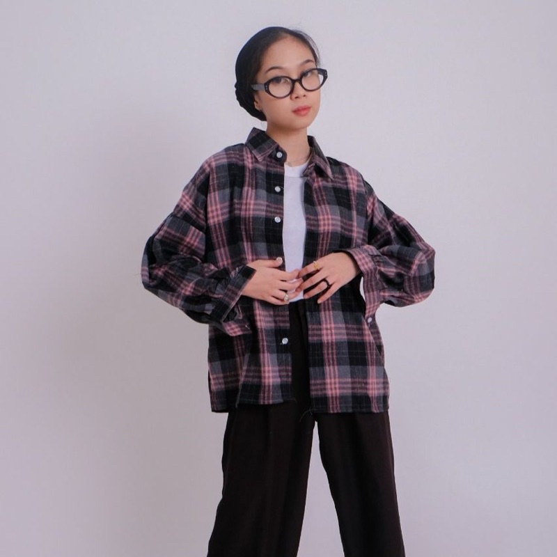 KEMEJA FLANEL WANITA OVERSIZE JUMBO LENGAN BALON