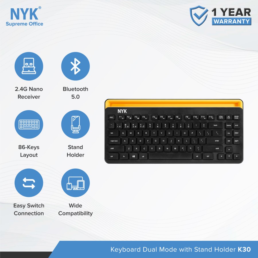 NYK K30 Keyboard Dual Mode Bluetooth + Wireless with Holder HP Tablet