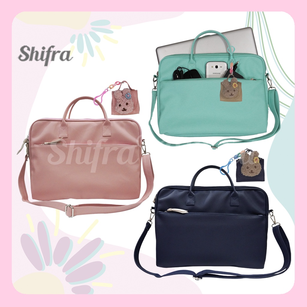 Shifra Tas Laptop Selempang Tali Panjang Polos Kulit Sintetis Waterproof Navy Pink Tosca (Free Mini Pouch Gantung Bear Rantai Random)