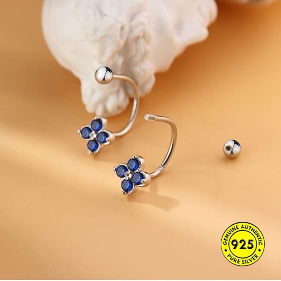 Anting Stud Bentuk Bunga Clover Empat Daun Bahan Zirkon AAA Warna Biru Untuk Wanita