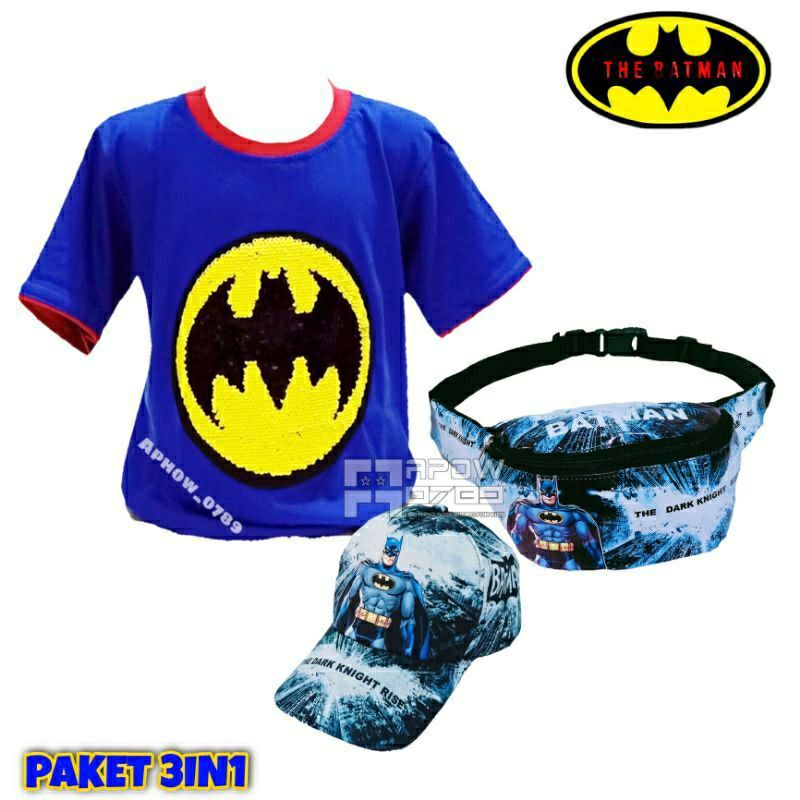 Paket murah 3in1 kaos distro anak usap + tas waistbag anak + topi anak karakter batman ( REAL PICT )