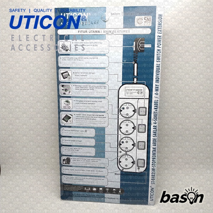 UTICON ST8482SW + 4 Lubang + Kabel 3 Meter - Stop Kontak + Saklar Individual