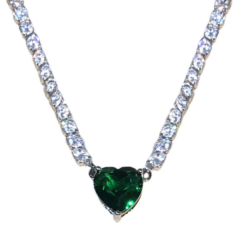 Fancyqube Kalung Rantai  Liontin Hati Kristal Zircon Warna Hijau Untuk Wanita
