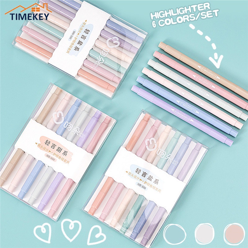 TK 6Colors/Set Double Tip Highlighter Candy Color Marker Pen Multi-colors Midliner Pastel Highlighter Set Stationery