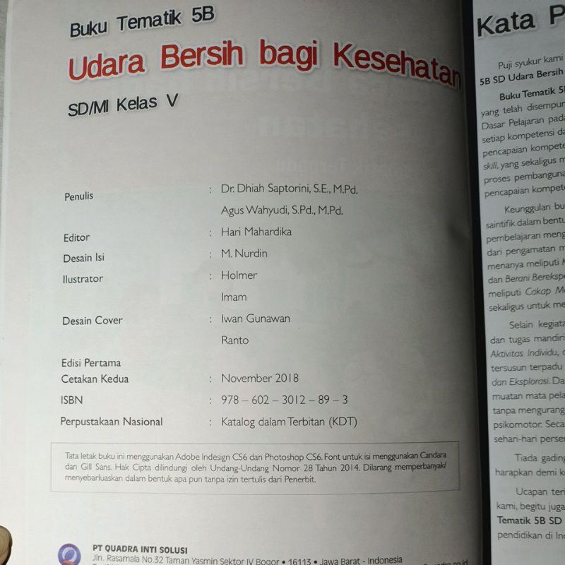 BUKU TEMATIK TERPADU QUADRA 5B BUKU BEKAS TEMATIK KELAS 5SD ( BEKAS )