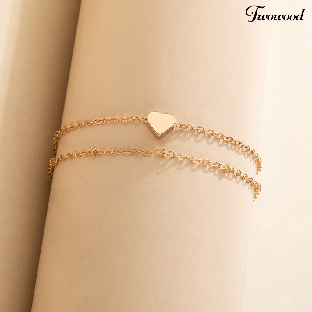 Twowood Double Layered Women Anklet Heart Pendant Alloy Adjustable Elegant Chain Anklet Foot Jewelry