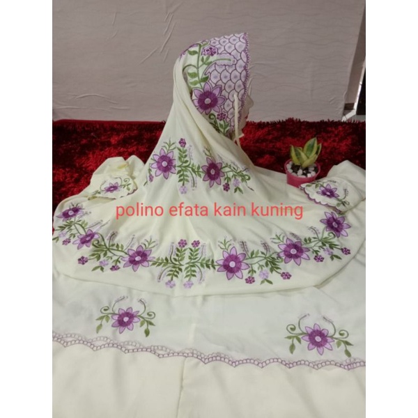 Mukena Dewasa Terusan Polino Evata Warna Kuning Bordir Kudusan Bunga Dahlia