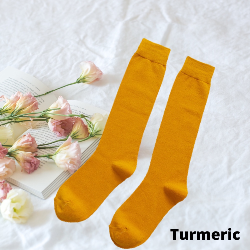Kaos Kaki Cewek Panjang Selutut  Kaos Kaki Gaya Jepang korea  Kaos Kaki Muslimah Calf Socks Polos-Turmeric