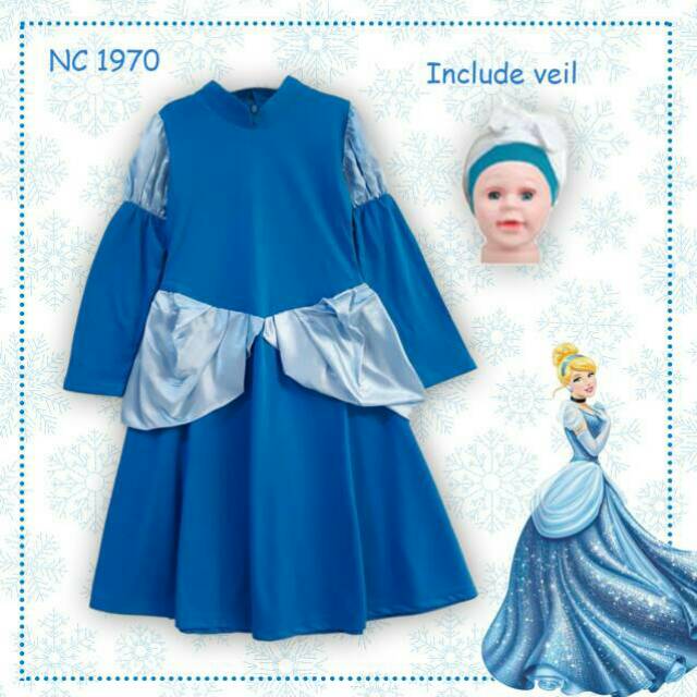 GAMIS DRESS CINDERELLA HIJAB TURBAN Busana Pakaian Muslim Anak Perempuan Kostum Biru Baju Pesta