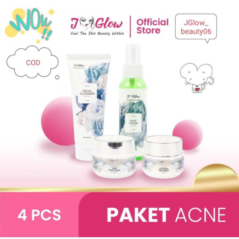 JGlow Skincare Paket Acne Whitening Glowing Cream Kosmetik Perawatan Wajah BPOM Ori