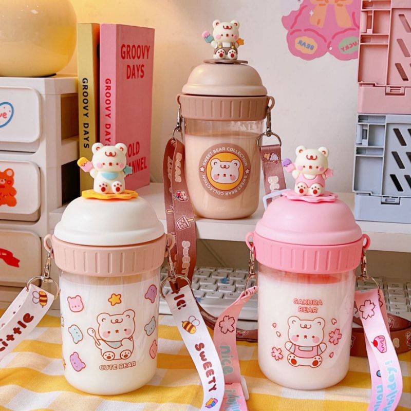 botol minum beruang teddy bear lucu/tumbler beruang (ada gantungan)