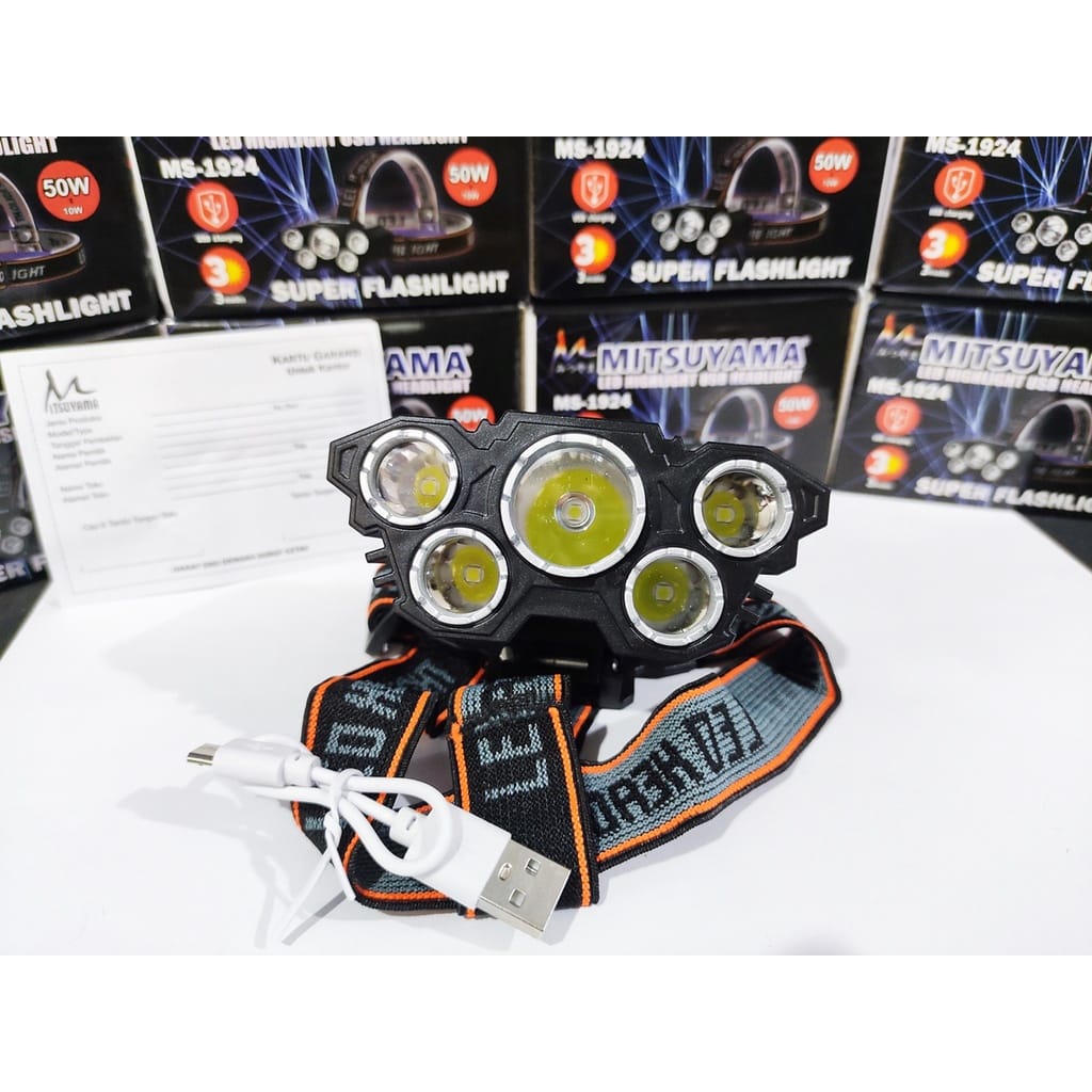 SENTER KEPALA 50W 5LED HEADLIGHT LED USB 50W+10W MODE CAHAYA