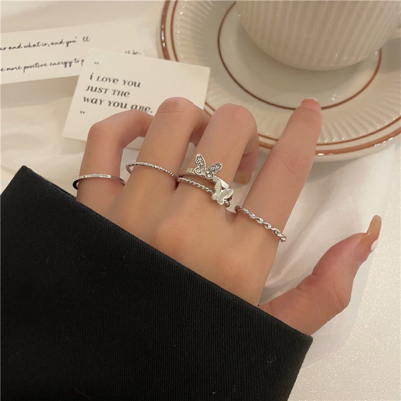 IFYOU Set Perhiasan Cincin Bentuk Kupu-Kupu Geometris Aksen Mutiara Model Hollow Warna Emas Perak Untuk Wanita