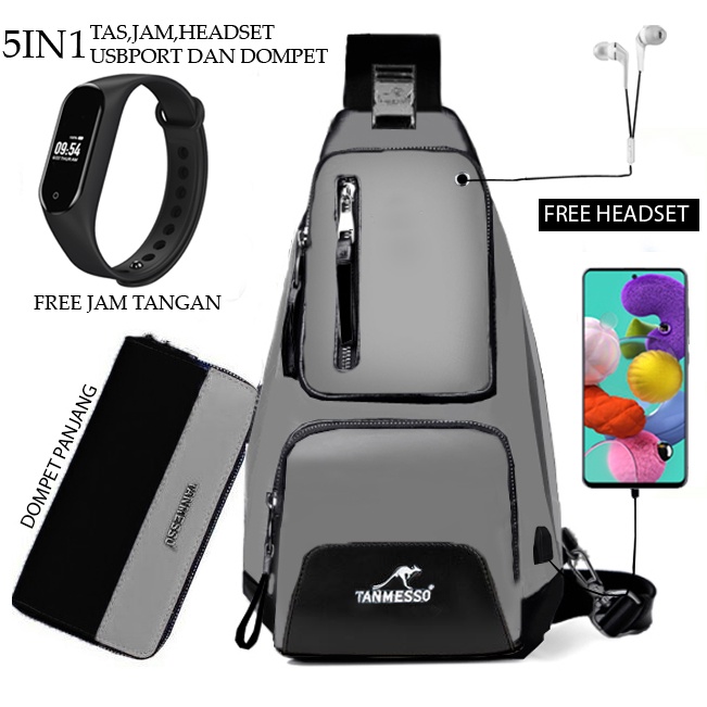 TANMESSO 5in1 BAYAR DITEMPAT- JAM LED -HEADSET- DOMPET -USBPORT -TAS WATERPROOF-BAHAN INTERPILAR SENDIRI LEMBUT DAN TEBAL MENGANDUNG 70%COTTON BUKAN PARASUT ATAU KANVAS SEPERTI YANG BEREDAR DIPASARAN-TAS SELEMPANG PRIA-SLING BAG PRIA