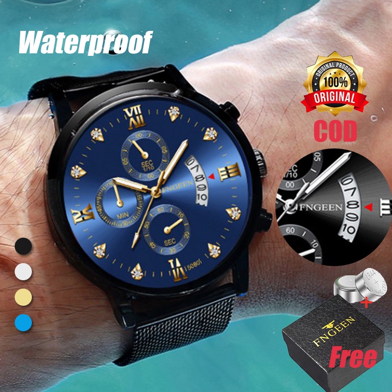 (COD)Jam tangan pria anti air Original fashion Watch Date Luxury Stainless Steel Kalender with box free battery jaam tangan pria arloji pria ready stock