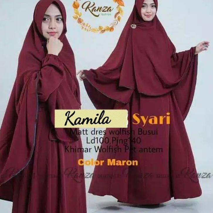 ✼ Kamila - Gamis Syari M L XL Busui Jumbo Warna Polos Ungu Terong Hijau Army Botol Navy Maroon Dusty
