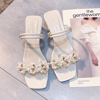 Flowly - High Heels Hak Kaca Wanita 5cm Motif Bunga