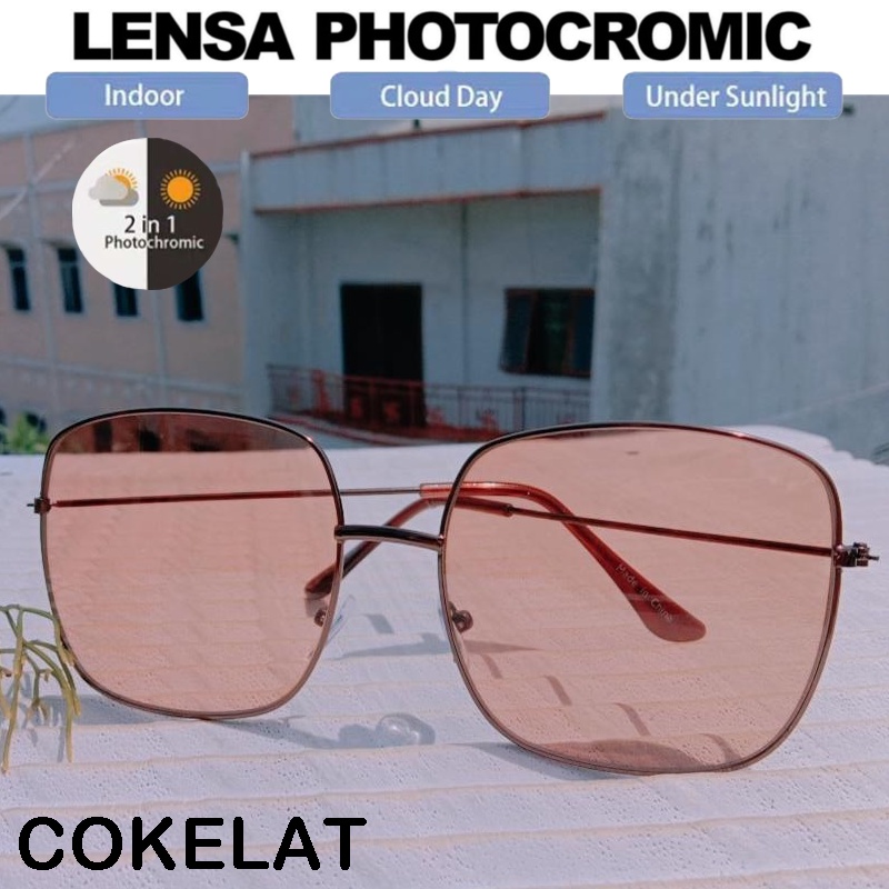 [STYLE] Kacamata Photocromic Frame Metal Frame Kotak Besar Wanita Pria Kacamata berubah Warna 2in1 Photochromic / Fotocromic / potokoromik Blueray Fashion Korean Frame Optik Vintage Resep Minus Unisex Kacamata Hitam Transparan