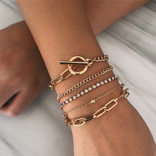 5 Pcs / Set Gelang Rantai Wanita Geometri / Chain Bracelets Set Hip Hop Boho Thick Punk Import