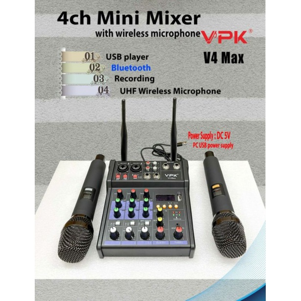 Mixer audio 4ch plus mic wireless Vpk v 4 max Original VPK V4Max incluse Mic Wireless