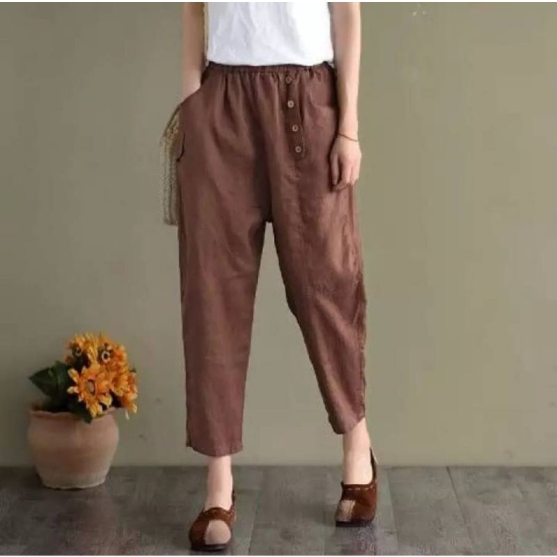 BUGGY YONERA BAGGY KULOT KATUN WANITA KOREA UNIQLO LOOSE LINEN DAILY PANTS PREMIUM CEWEK BRIAN HITAM COKLAT KUNING