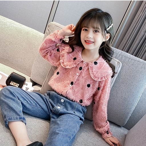 SSP36-Setelan Set Anak Remaja Besar Tanggung Perempuan Blouse+Jeans Feathery Set